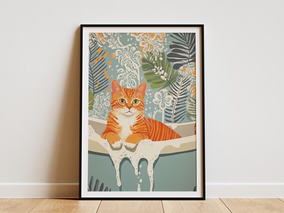 Orange Tabby Cat in Foamy Bathtub Tropical Leaves Cute Cat Wall Poster