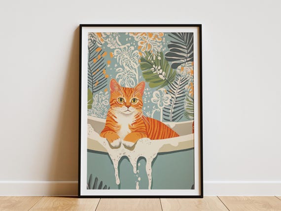 Savannah Cat Bathtub Poster Print Foamy Bathroom Wall Art Cute Pet Home Decor Feline Lover Gift