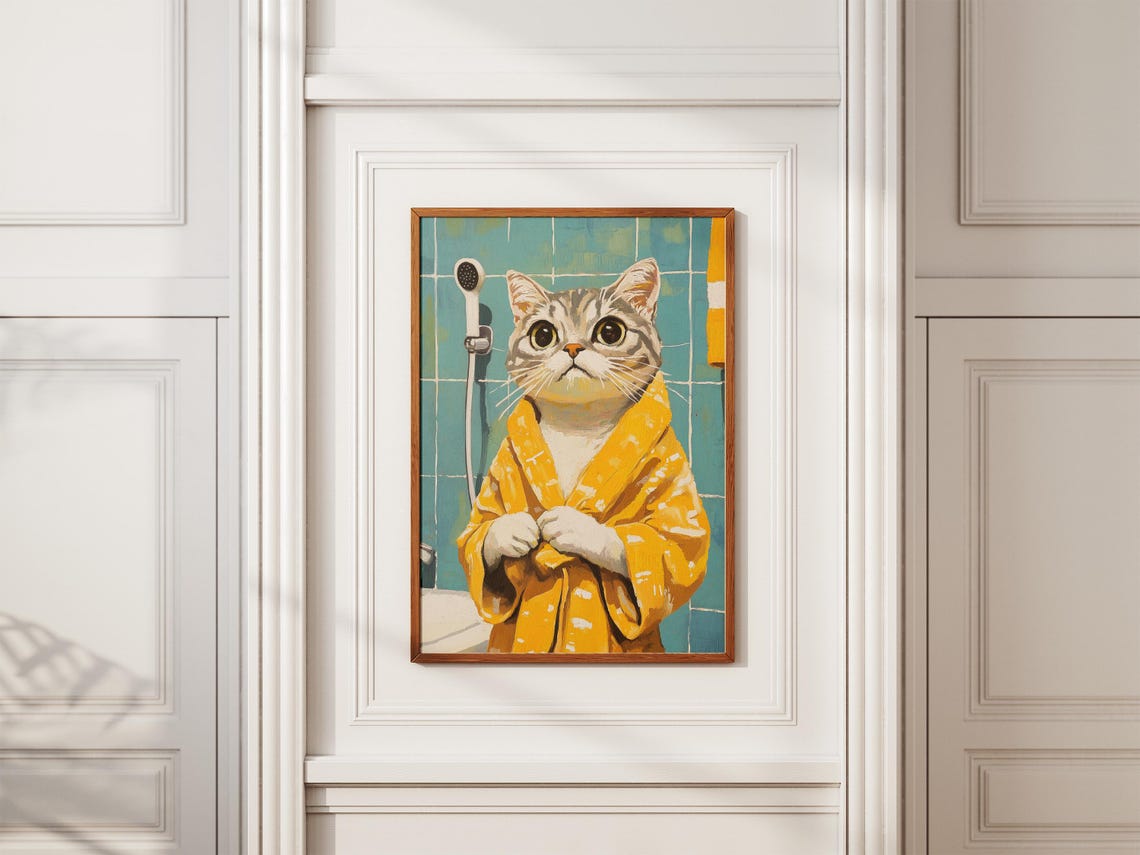 Scottish Fold Cat In Bathrobe Bathroom Wall Art Print Funny Animal Poster Pet Home Decor Cute Illustration Whimsical - Image 2