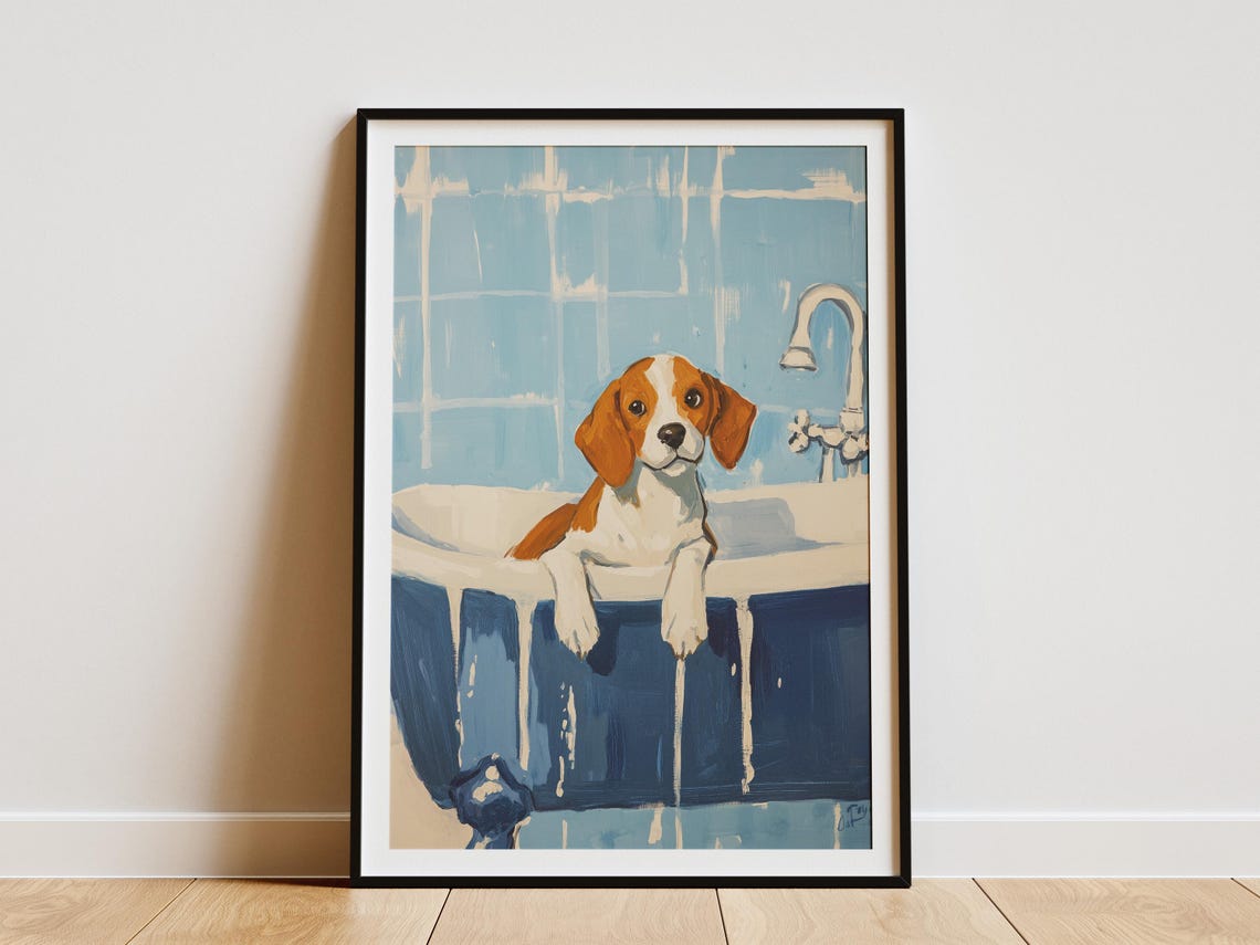 Tiny Beagle Puppy Peeking Over a Vintage Blue Clawfoot Tub Poster
