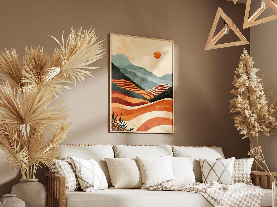 China Terraced Hills Orange Striped Fields Small Sun Art Poster - Image 3