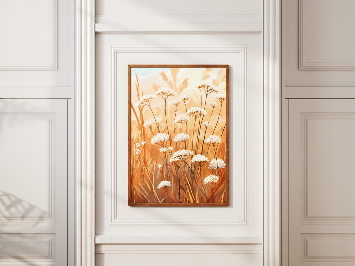 Sunlit Meadow Yarrow White Wildflower Golden Field Art Poster - Image 2