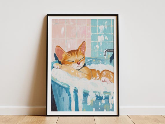 Abyssinian Kitten In Bathtub Art Print Cute Poster Bathroom Decor Playful Animal Baby Kids Room Whimsical
