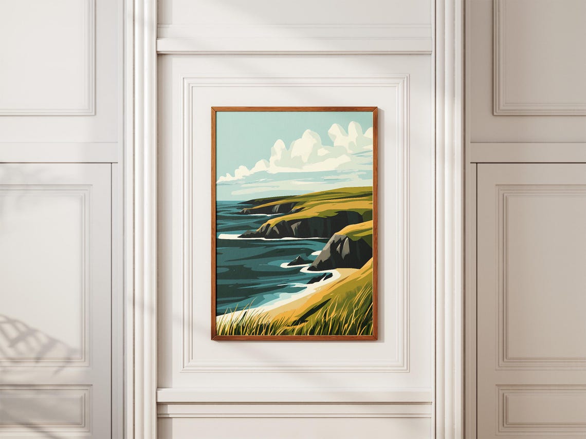 Shetland Islands Golden Moorland Cliffs Dark Blue Sea View Poster - Image 2