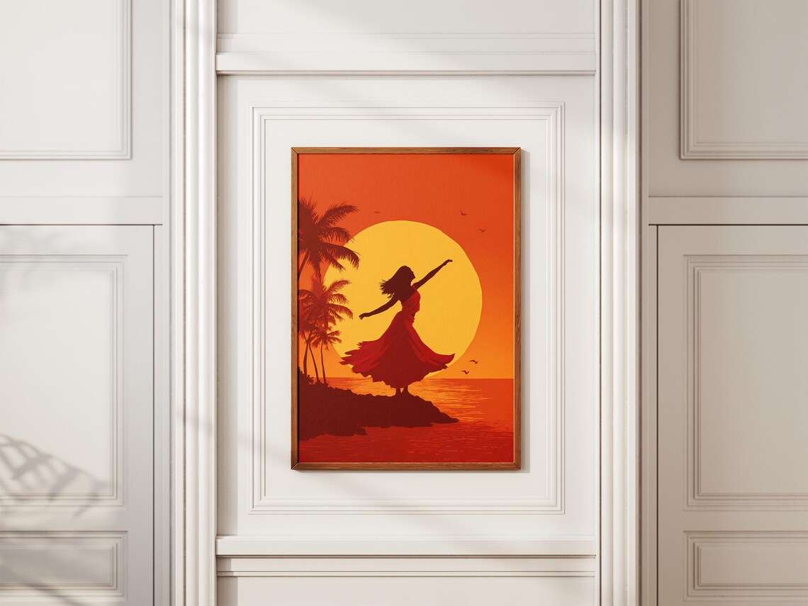 Hula Dancer Sunset Silhouette Big Yellow Sun Palm Trees Poster - Image 2