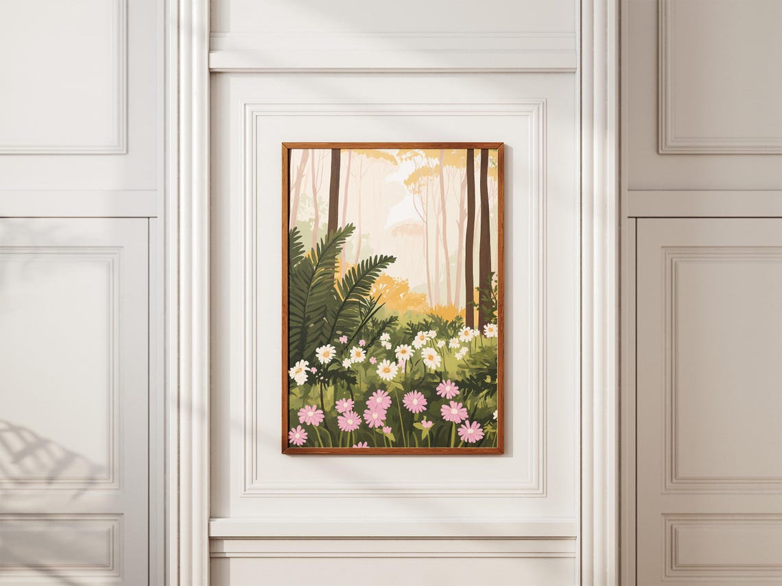 Pink Cosmos Ferns Misty Forest Glade Soft Dreamy Flower Poster - Image 2