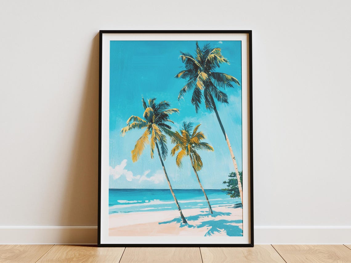 Three Palm Trees Turquoise Beach Ocean Summer Vacation Print