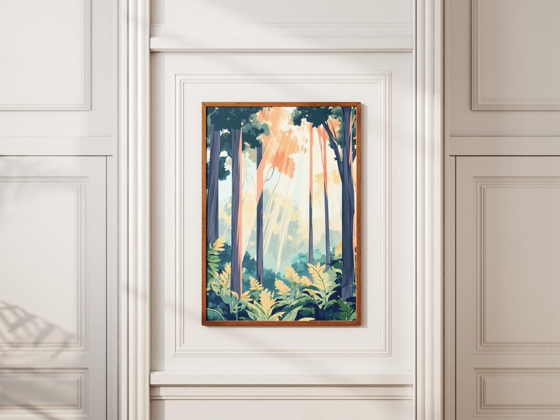 Sunlight Streaming Through Tall Pine Forest Fern Floor Poster - Image 2