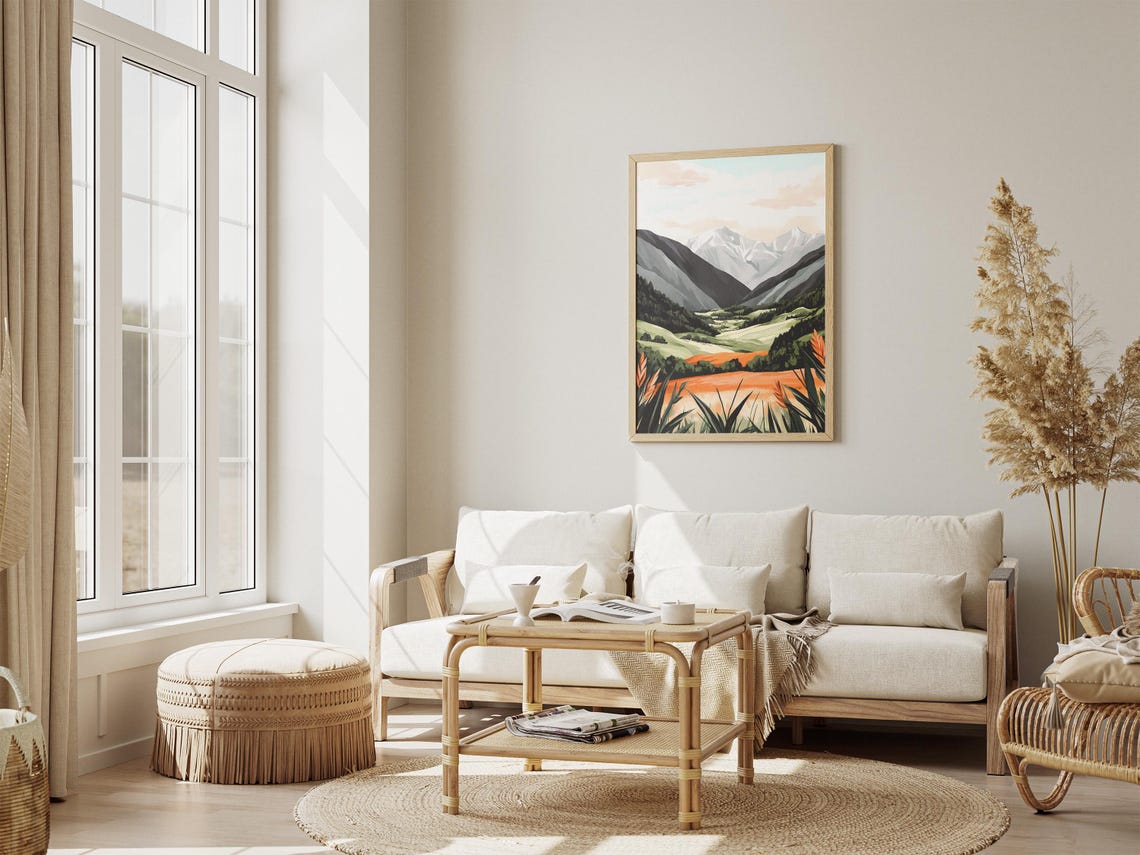 Snowy Mountain Valley With Green Pastures and Golden Field Poster - Image 4
