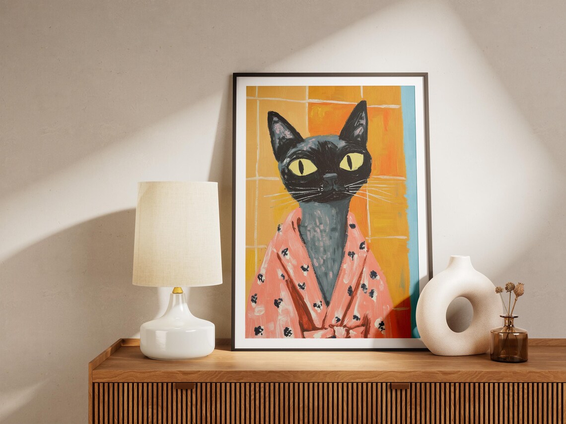 Black Cat With Yellow Eyes In Pink Robe Poster Funny Pet Bathroom Art - Image 4