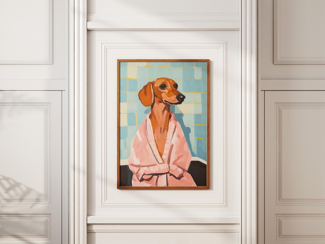 Red Dachshund in Pink Bathrobe Blue Bathroom Funny Dog Poster - Image 2
