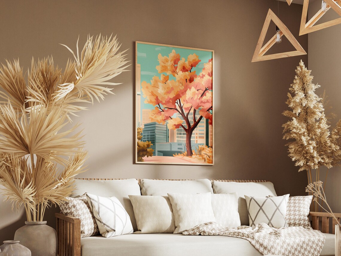 Modern City Towers Behind Blossoming Peach Autumn Tree Art Poster - Image 3