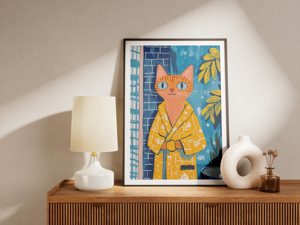 Ginger Tabby Cat in Sunny Yellow Robe Playful Cat Art Poster - Image 4