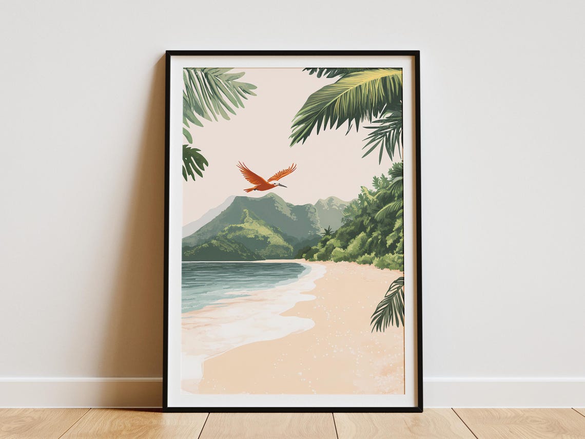 Tropical Beach with Orange Bird Flying Palm Trees Mountain Wall Art