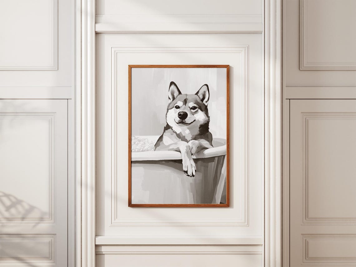 Smiling Shiba Inu Bubble Bath Minimalist Dog Bathroom Poster - Image 2
