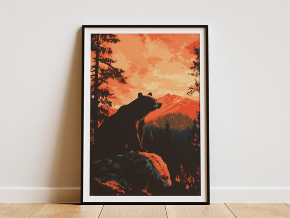 Bear Silhouette Sunset Mountain Wilderness Wildlife Scenic Poster