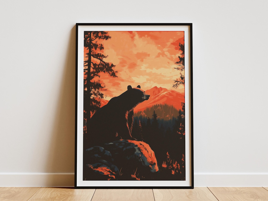 Bear Silhouette Sunset Mountain Wilderness Wildlife Scenic Poster