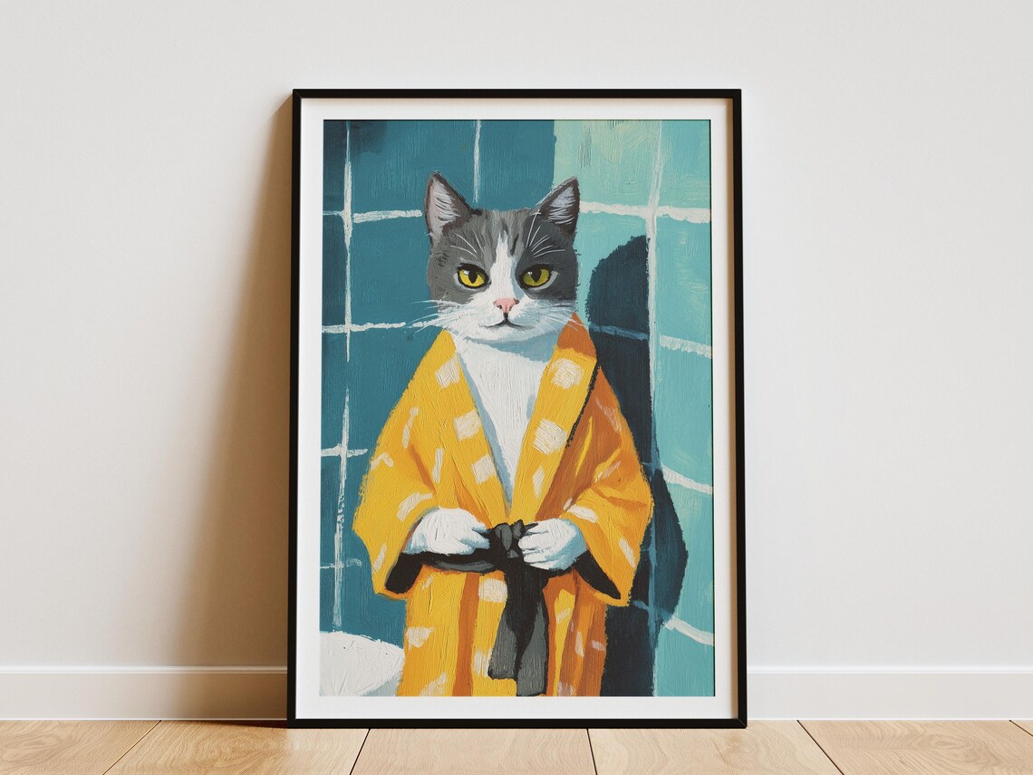 Gray Cat in Yellow Bathrobe Blue Bathroom Funny Cat Portrait Poster