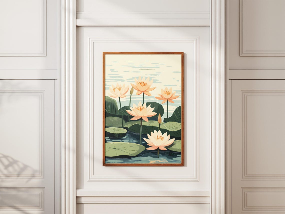 Peach Water Lilies On Tranquil Pond Botanical Peaceful Poster - Image 2