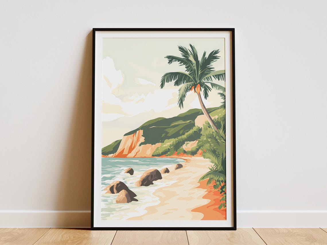 Tranquil Tropical Beach With Palm Tree And Rocky Shoreline Poster