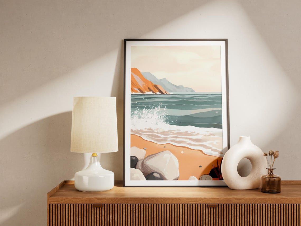 Rocky Beach Foamy Waves Orange Cliff Minimalist Coastal Art Poster - Image 5