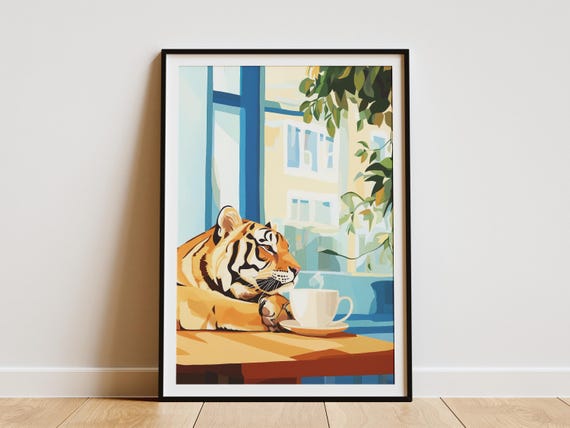 Tiger Cafe Art Print Matisse Inspired Oil Painting Quirky Animal Poster Coffee Lover Gift Cozy Home Decor Whimsical Wall