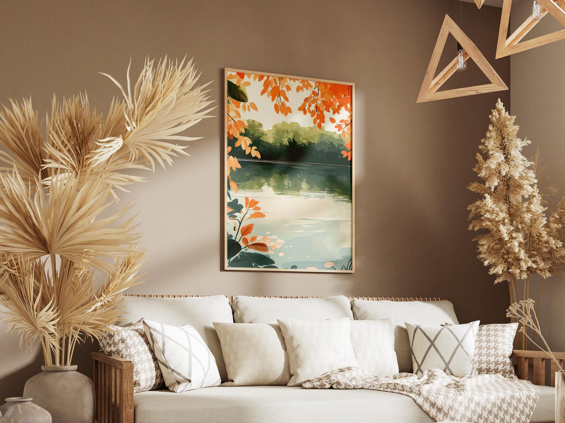 Autumn Lake Framed by Orange Foliage Botanical Nature Art Poster - Image 3