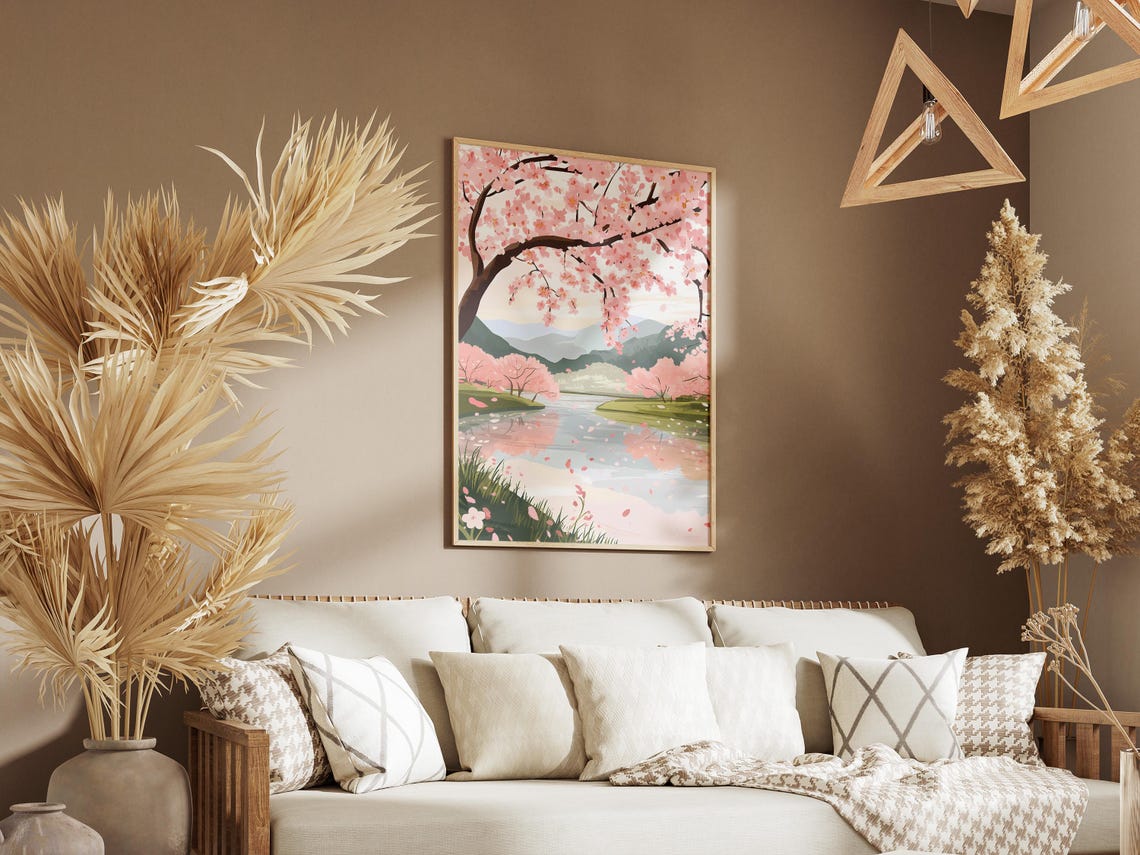 Pink Cherry Blossoms Over a Calm River Poster Mountain Spring View - Image 3