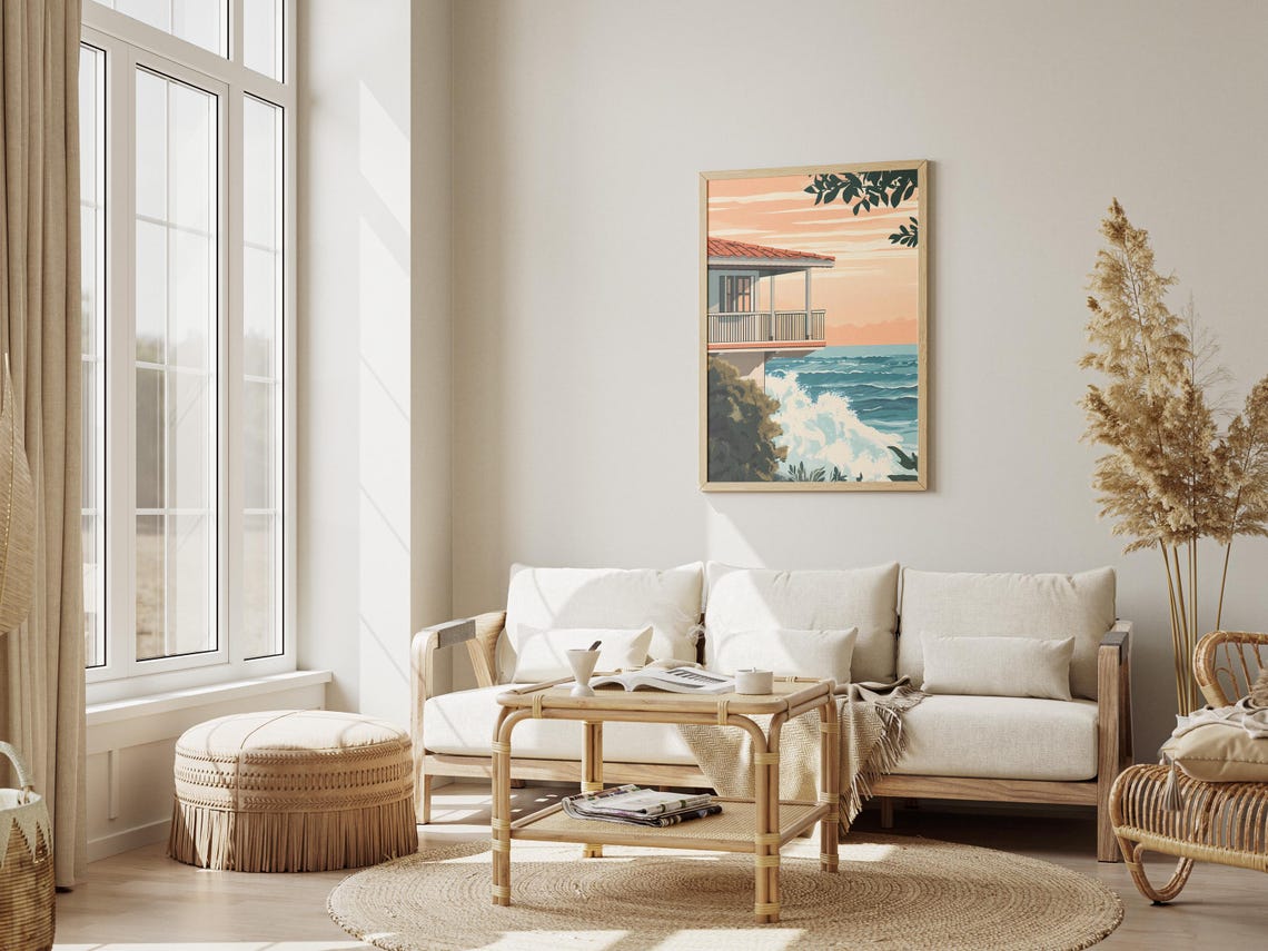 Oceanfront Villa with Balcony Sunset Waves Mediterranean Wall Art - Image 3
