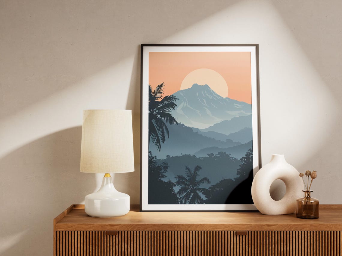 Blue Mountain Peak Sunset Palm Silhouette Pastel Travel Poster - Image 2