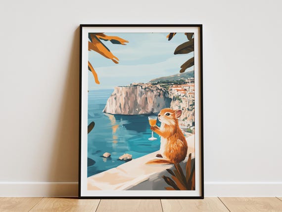 Coastal Pika Art Print Cute Animal Poster Italian Riviera Decor Orange And Teal Color Palette Summer Vacation Drinking Wine