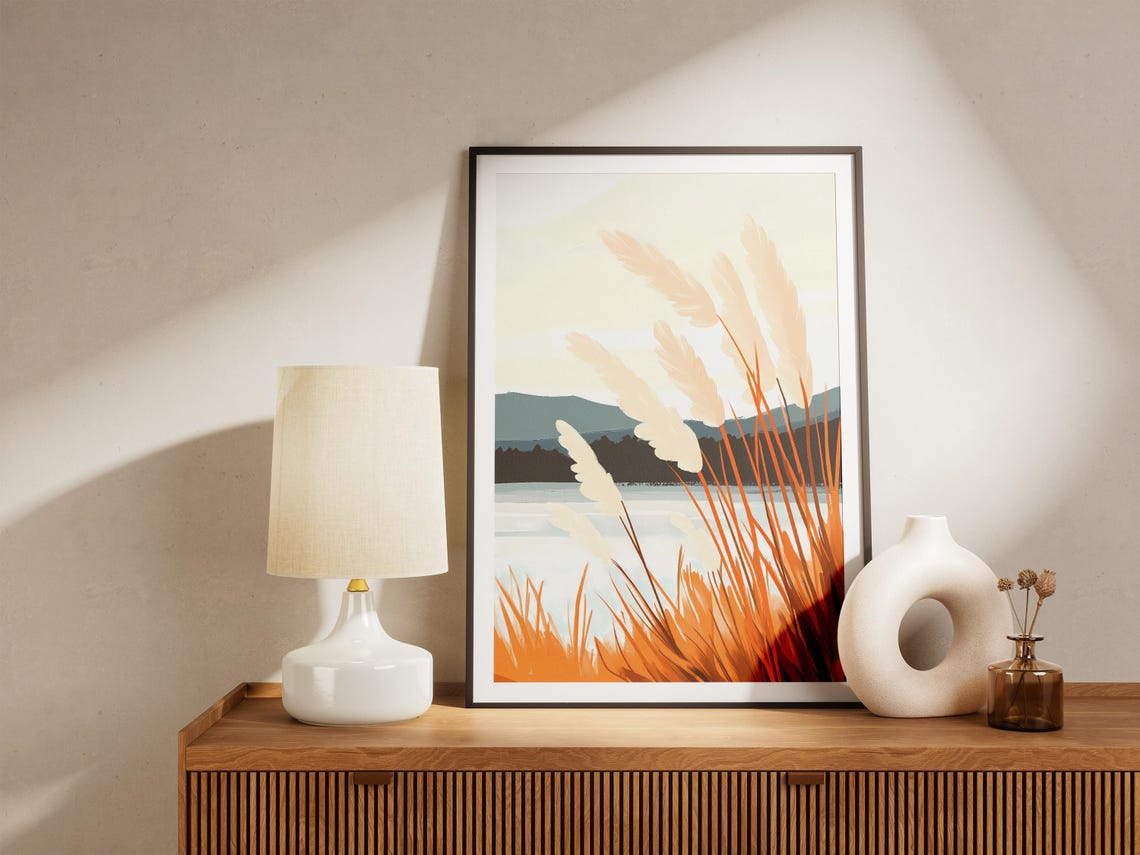 Autumn Pampas Grass By The Lake Golden Light Landscape Poster - Image 5