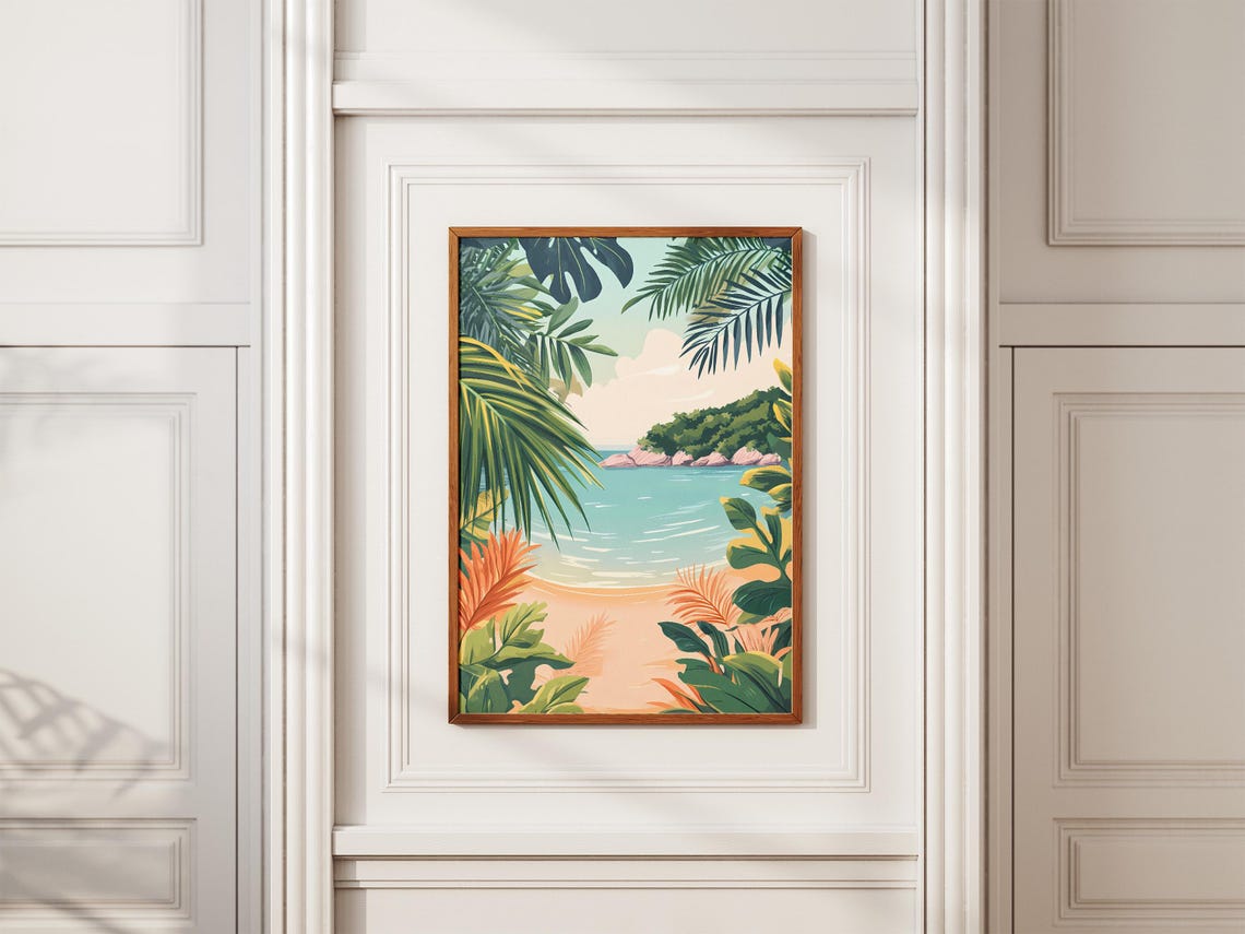 Tropical Beach Cove Framed by Palm Leaves Illustration Poster - Image 2
