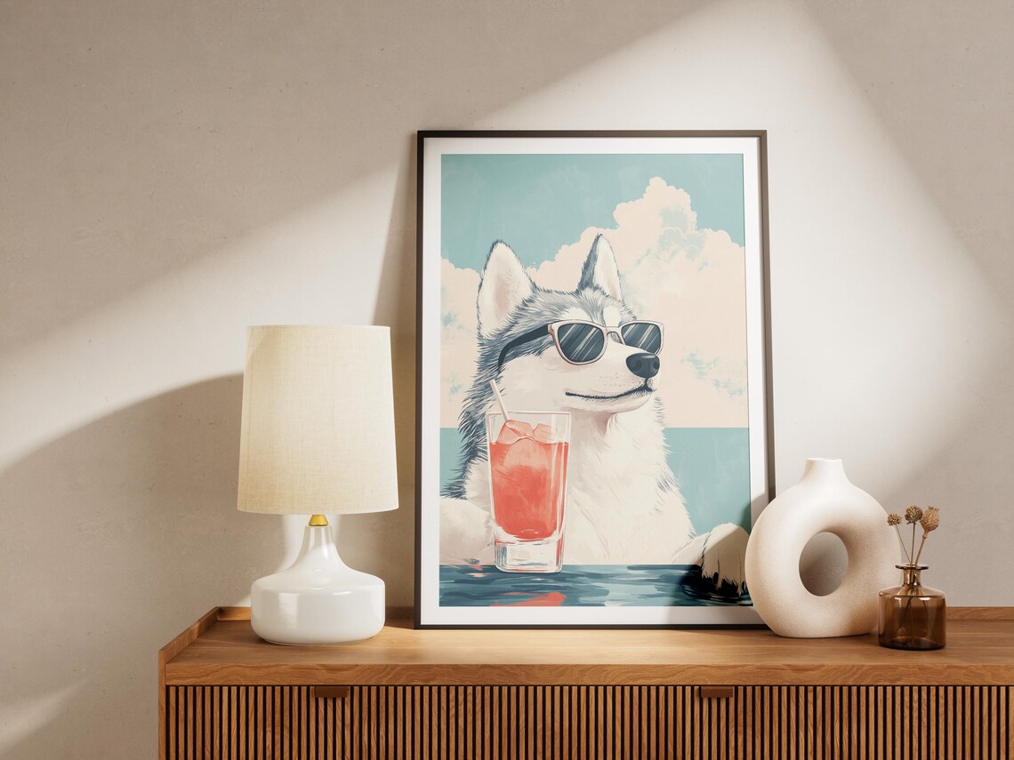 Husky Dog with Sunglasses Summer Cocktail Beach Scene Poster - Image 4