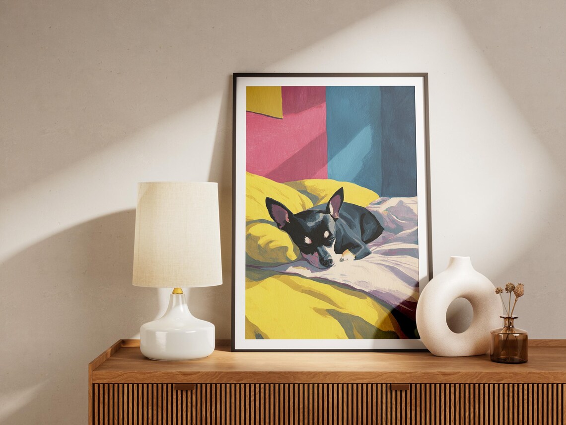 Tiny Black Chihuahua Sleeping on Bright Yellow Blankets Colorful Art Poster - Image 4