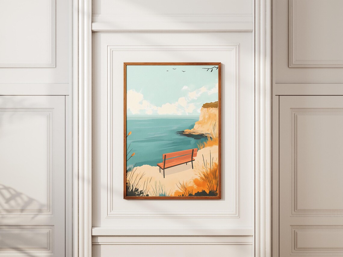 Wooden Bench Overlooking a Calm Teal Sea From a Sandy Cliff Poster - Image 2