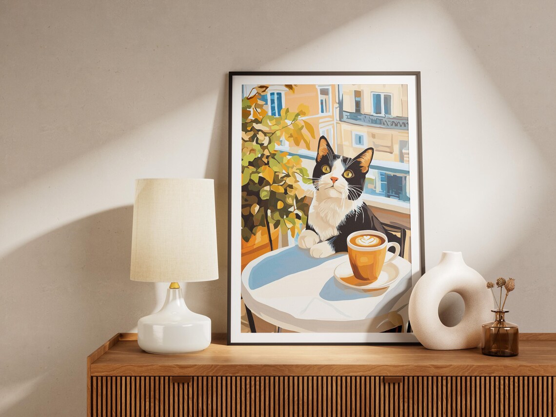 Green Eyed Tuxedo Cat with Latte Art at Sunny City Cafe Poster - Image 4