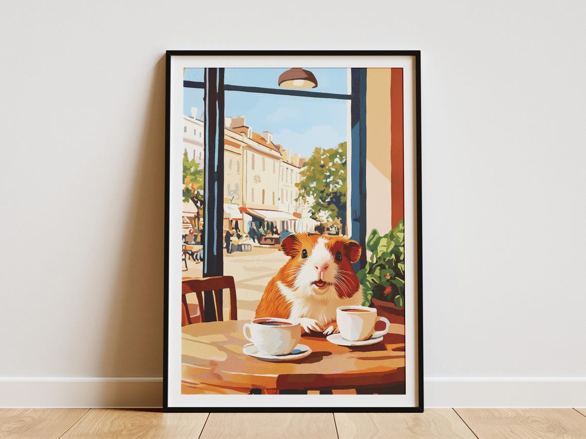 Guinea Pig Coffee Poster Cute Animal Cafe Wall Decor Kitchen Gift