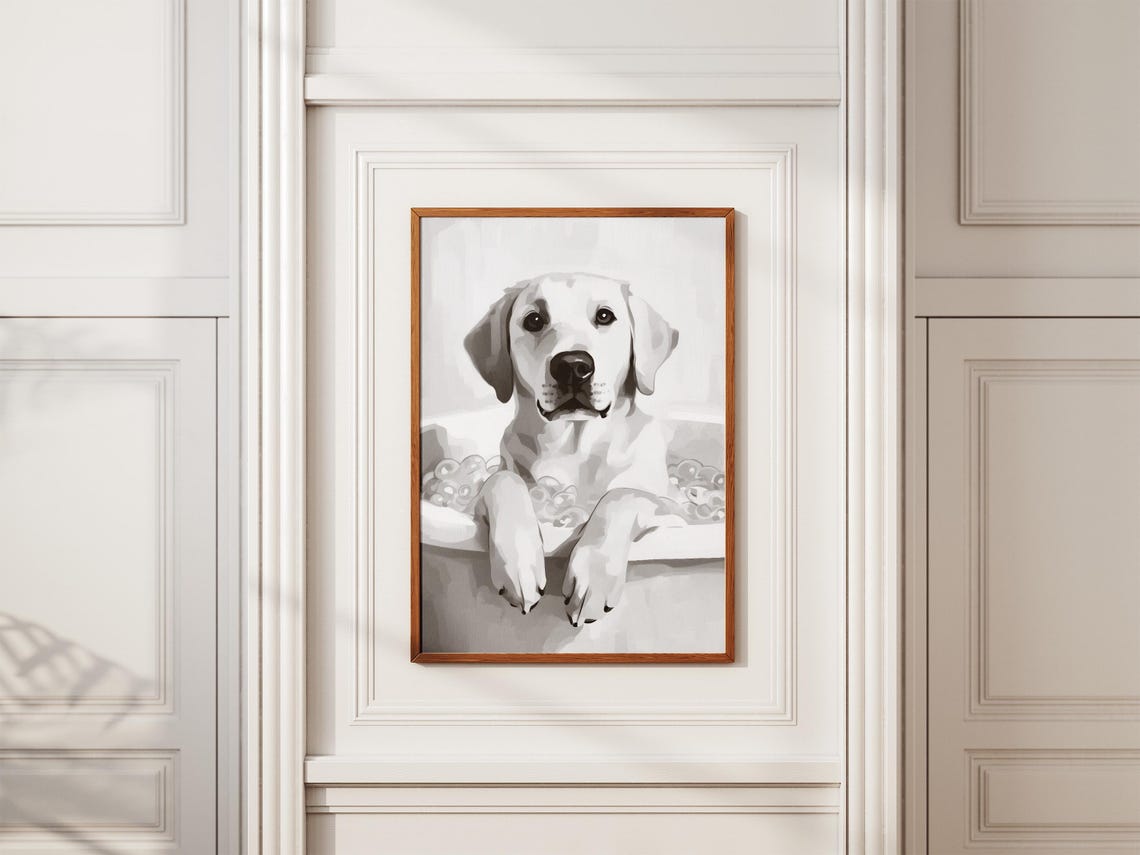 Yellow Labrador in Bubble Bath Black and White Cute Dog Decor Poster - Image 2