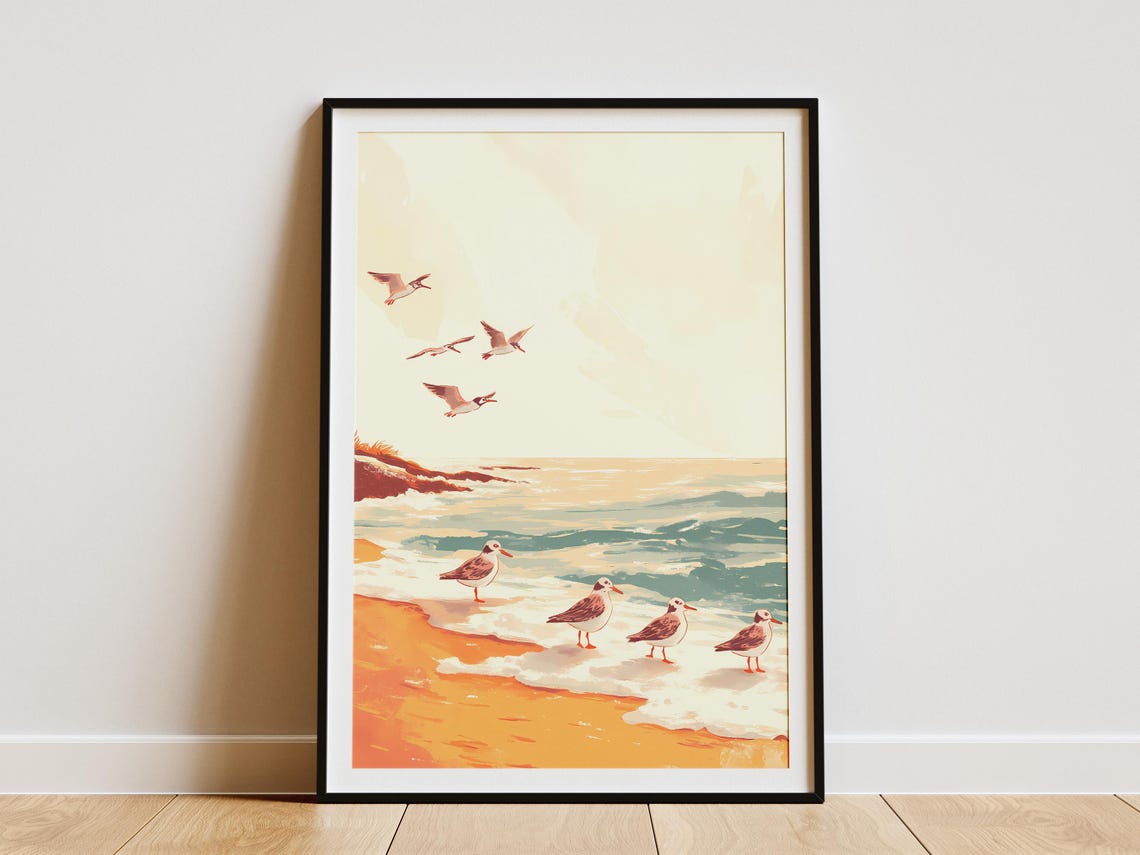 Sanderling Shorebirds on Golden Beach Waves Coastal Art Poster