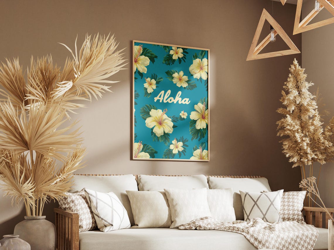 Aloha Hawaiian Hibiscus Floral Pattern On Turquoise Blue Poster - Image 3