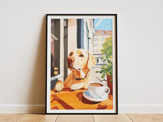 Dog Cafe Art Print Matisse Style Painting Coffee Lover Gift Present Cozy Scene Poster Modern Wall Decor Pet