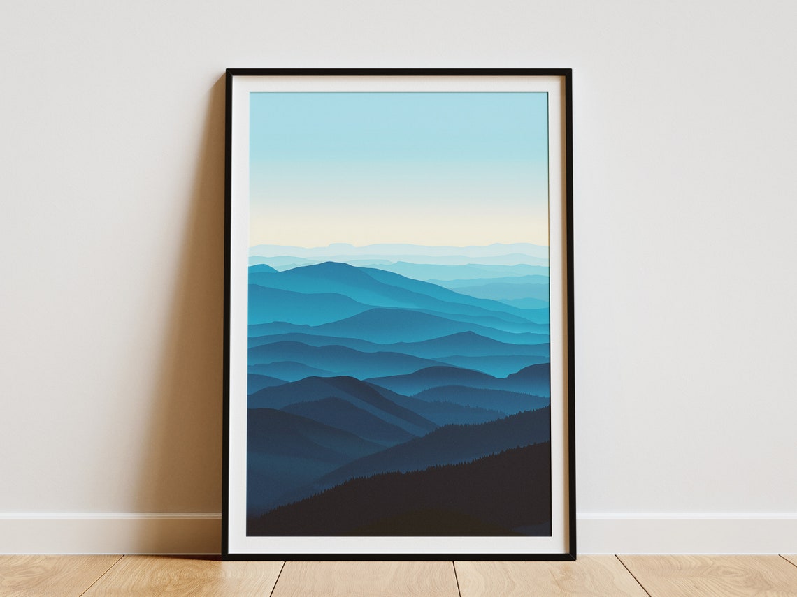 Blue Ombre Layered Mountain Ranges Gradient Silhouette Poster