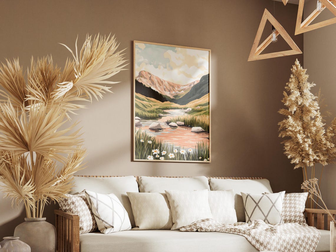 Alpine Mountain Stream with White Daisies and Rocky Peaks Poster - Image 3
