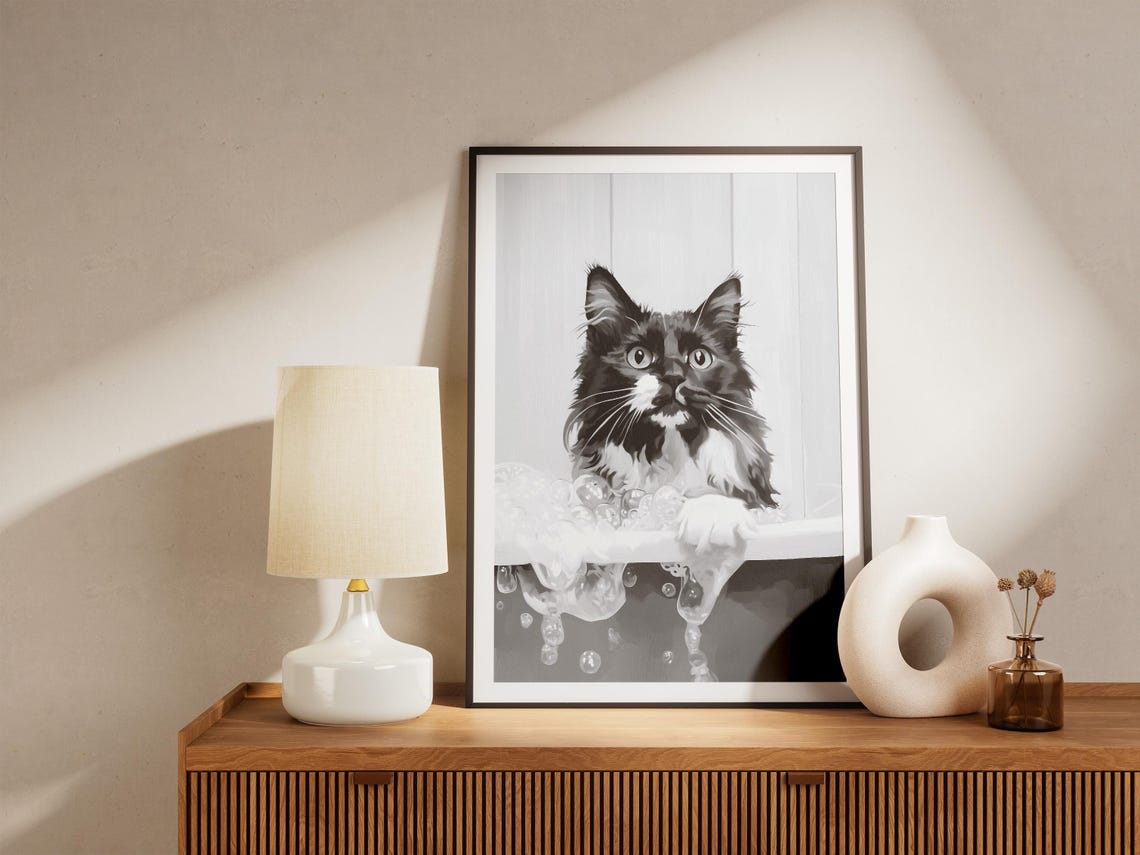 Cat In Bubble Bath Poster Long Haired Cat Bathroom Wall Decor - Image 4