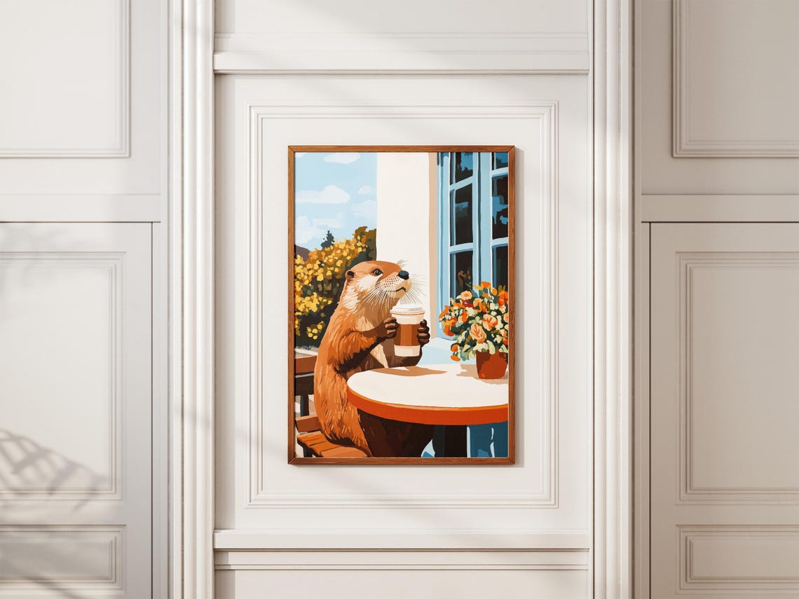 Cheerful Otter with Takeaway Coffee at Flower Filled Cafe Poster - Image 2
