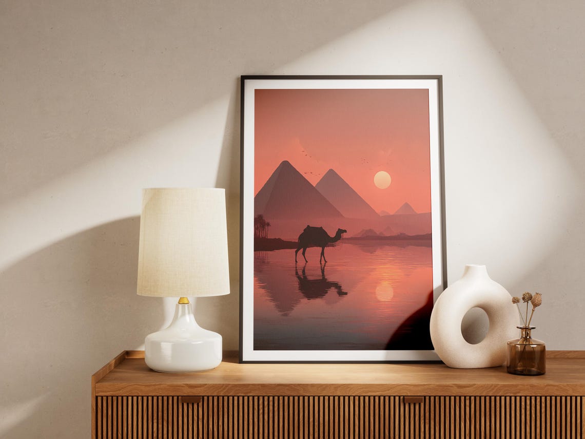 Camel Silhouette Giza Pyramids Sunset Reflection Travel Poster - Image 4