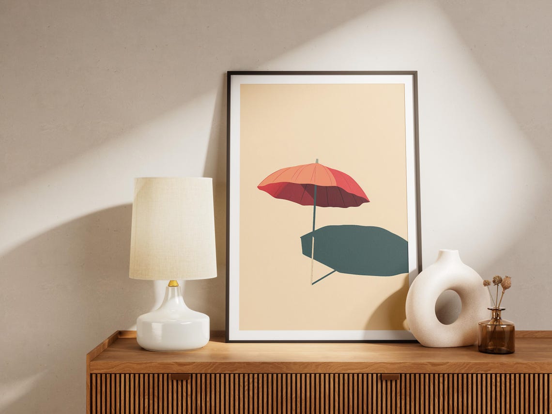 Red Beach Umbrella Shadow Minimalist Summer Coastal Art Poster - Image 4