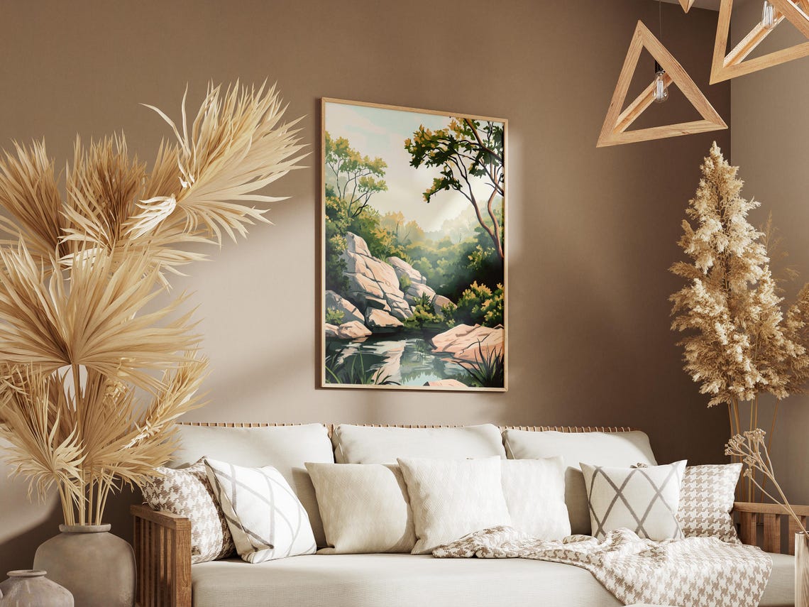 Calm Sunlit Forest Stream Smooth Rocks Lush Green Nature Poster - Image 3