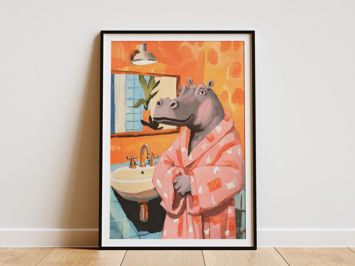 Hippopotamus in Pink Polka Dot Bathrobe Orange Bathroom Poster